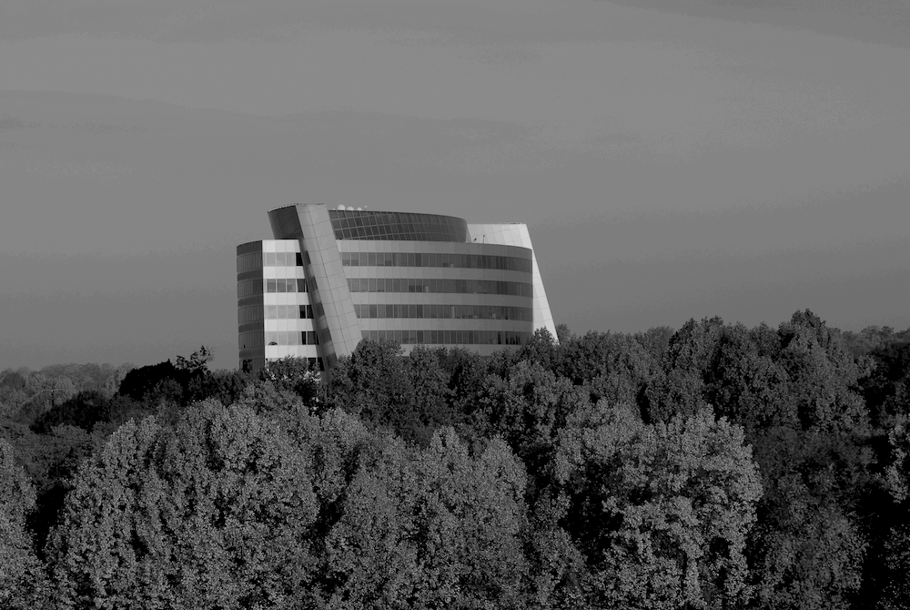 black and white image of office building surrounded by fall trees