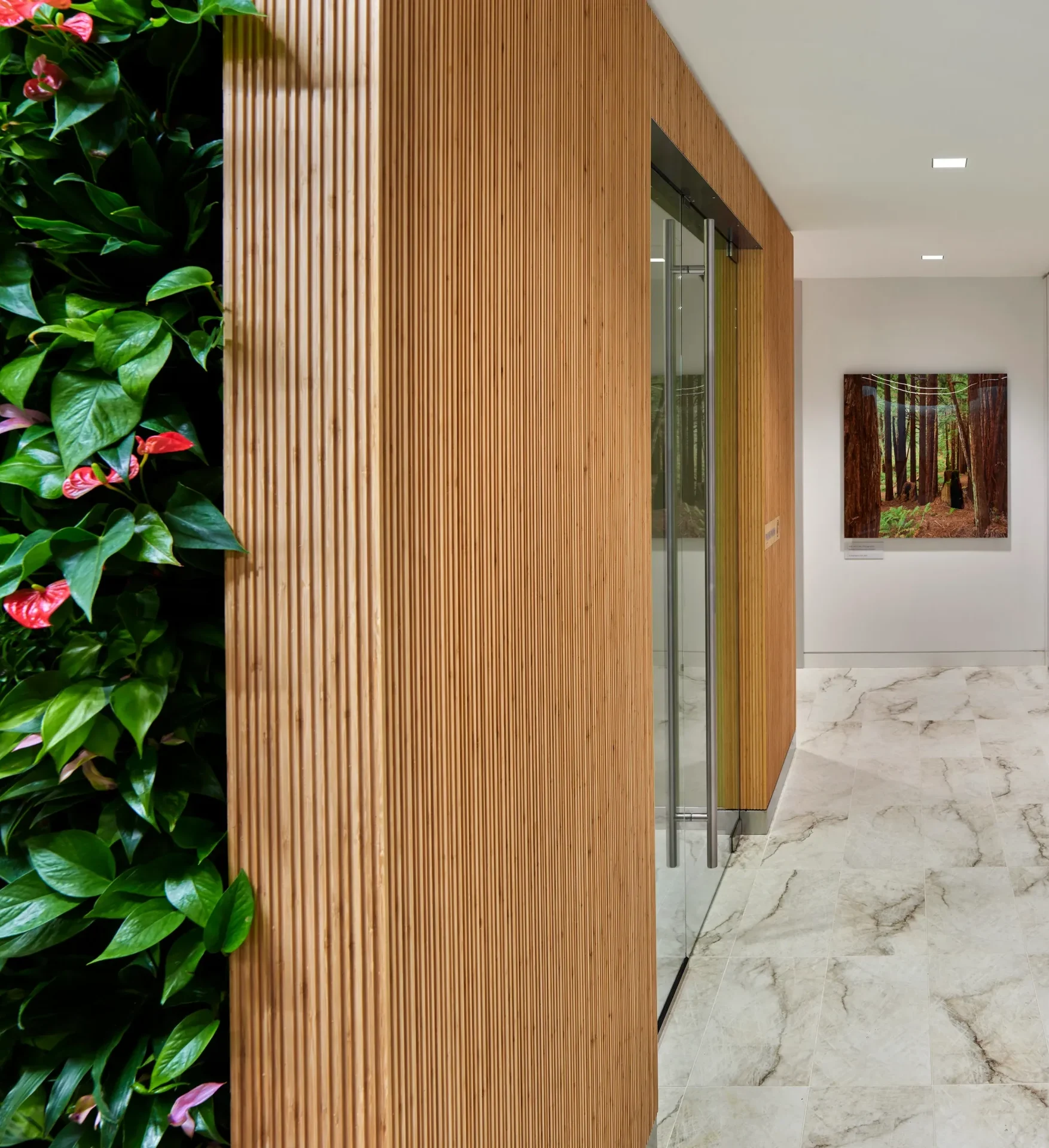 green wall and a hallway with a picture at the end of it