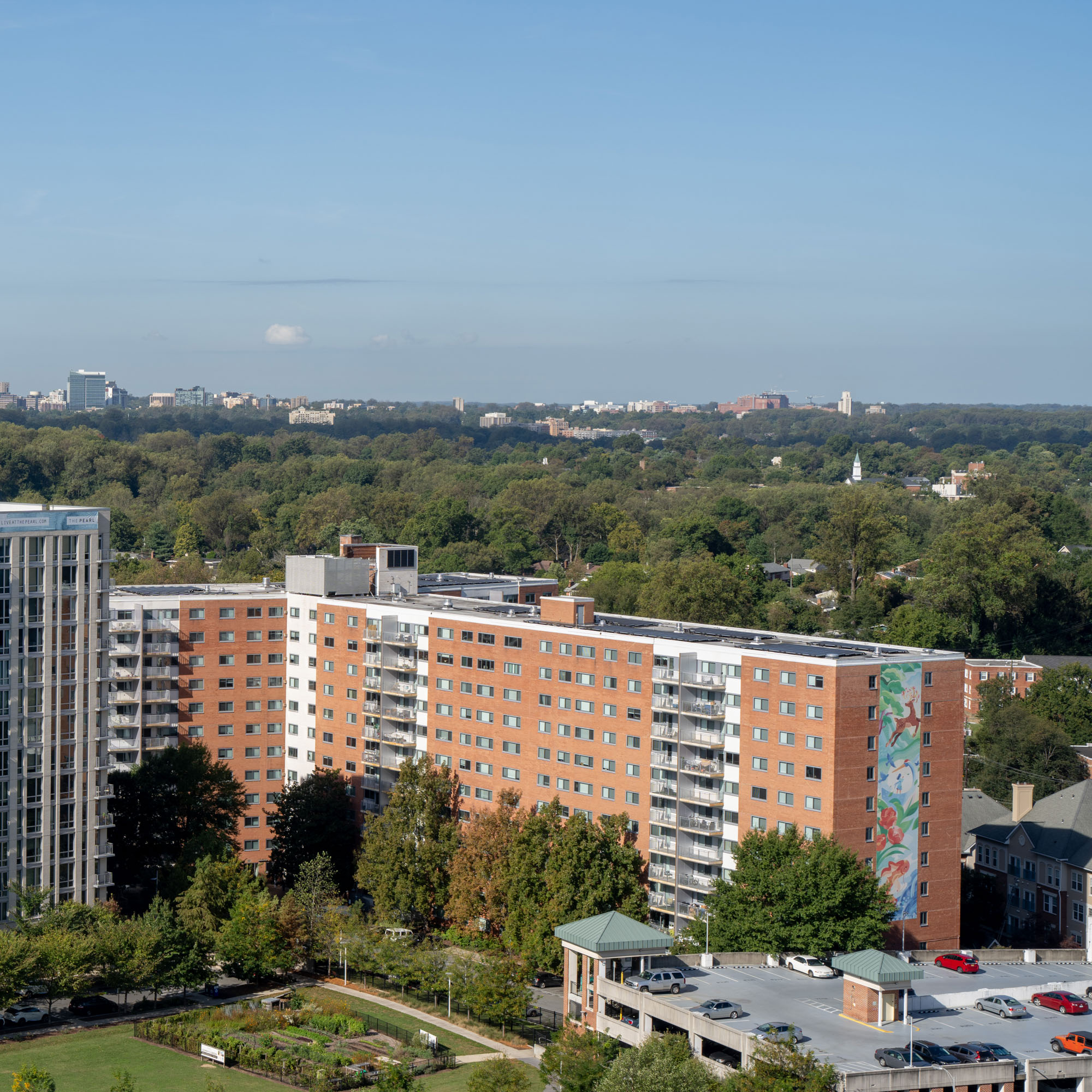 parking garage, garden, and Blair House in the background