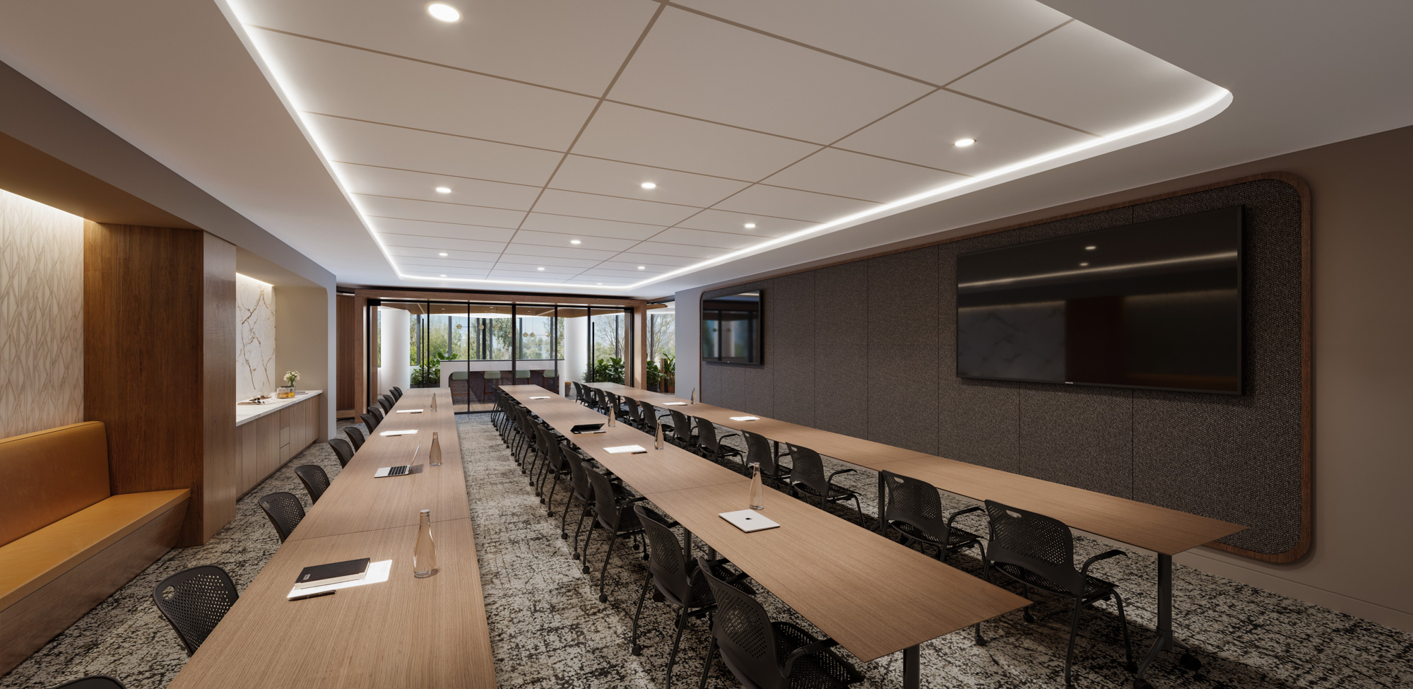 three long tables and chairs inside meeting room at The Tower Building