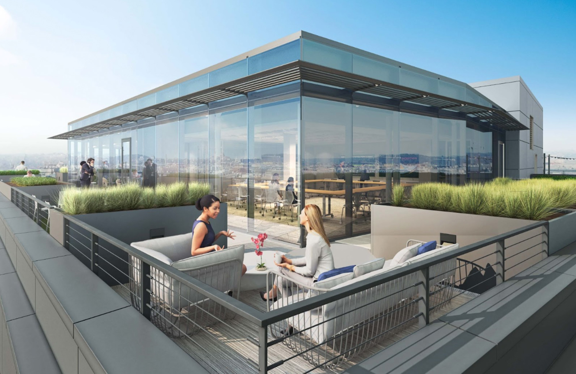 rendering of people on rooftop patio at The Millennium Building