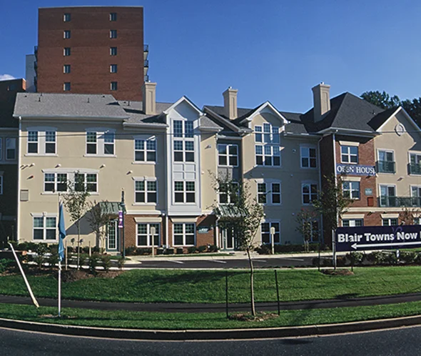 exterior of Blair Towns at The Blairs District townhomes in Silver Spring, MD