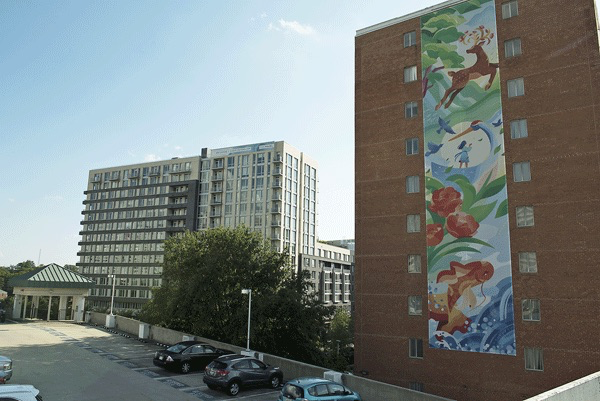 top level of a parking garage next to a building with a large mural of a deer, flowers, and a fish