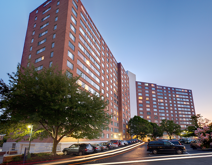 exterior of Blair Plaza at The Blairs District apartments in Silver Spring, MD