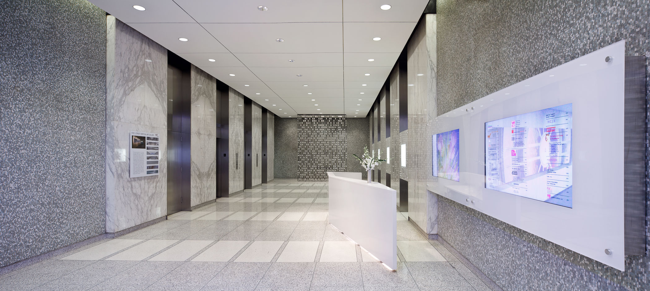 building lobby with elevator bank in the background