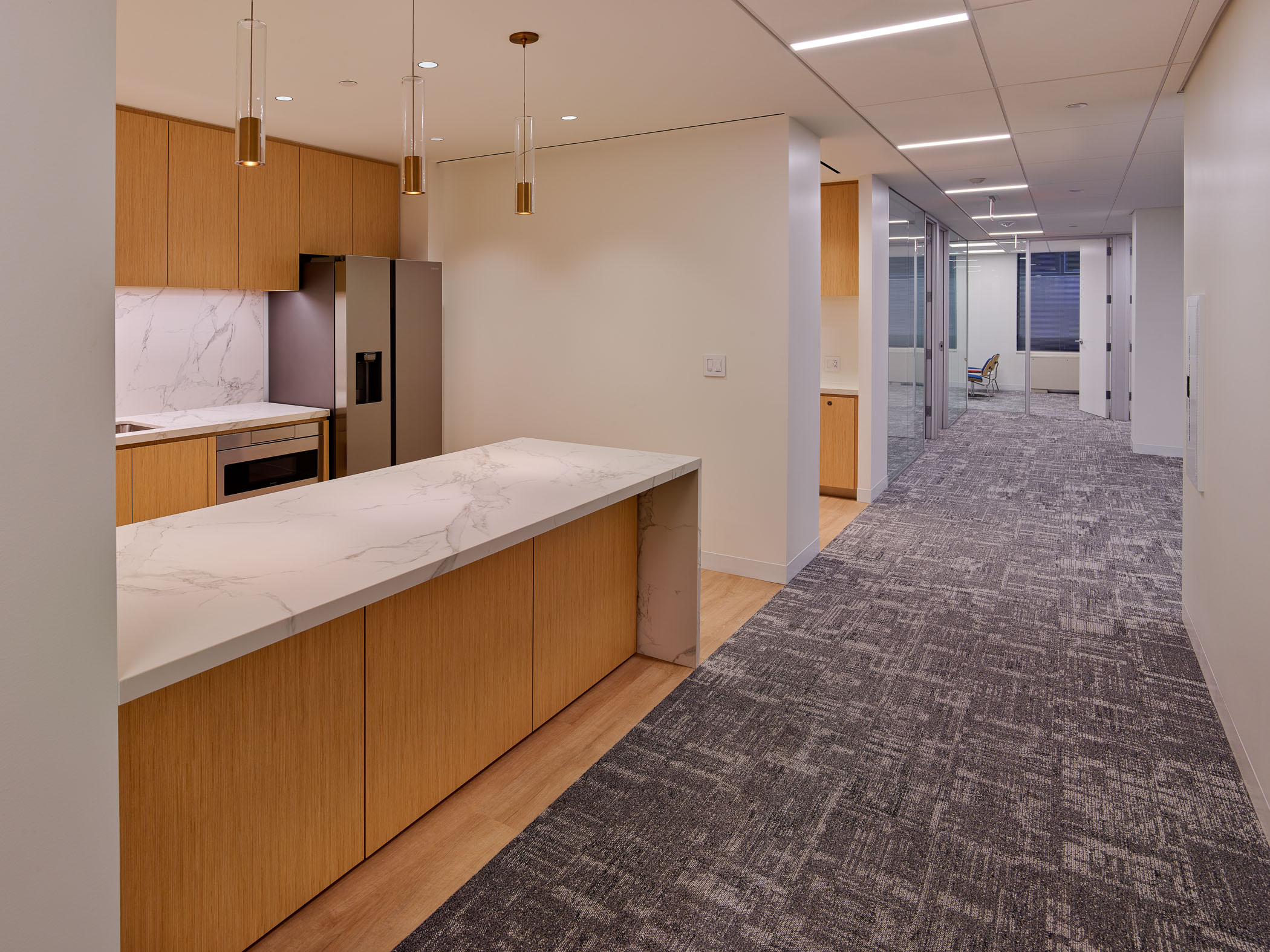 office kitchen area and hallway next to it
