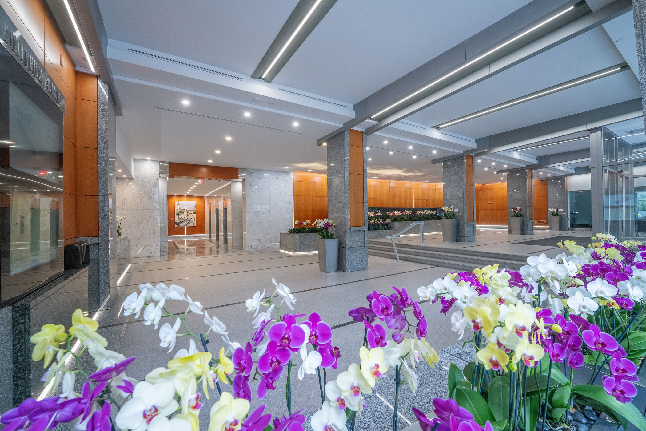 building lobby with purple and white flowers and elevator bank in the background