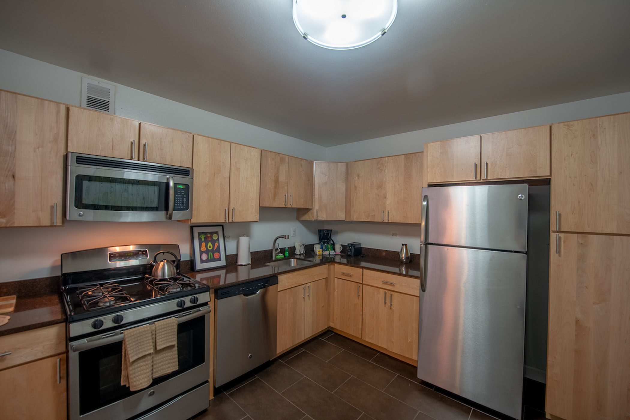 modern apartment kitchen with stainless steel appliances