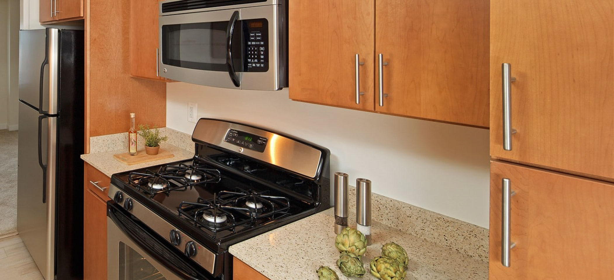 modern apartment kitchen with artichokes on the counter