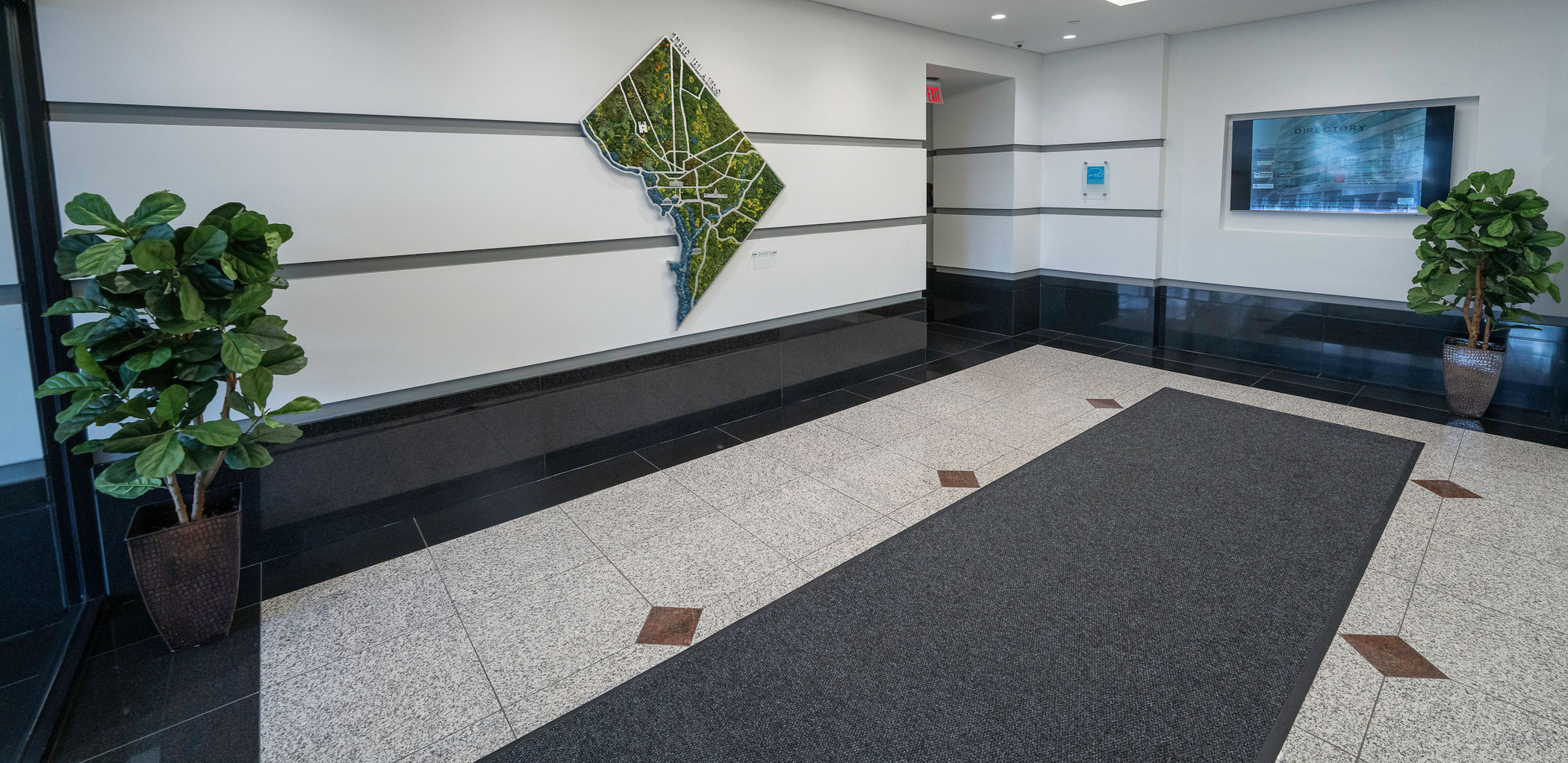 building lobby with a map on the wall